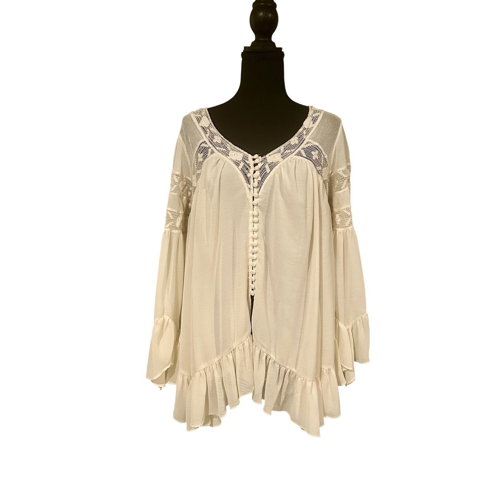 Free People Ivory Lace Crochet Boho Bell Sleeve Ruffle Blouse Top Medium